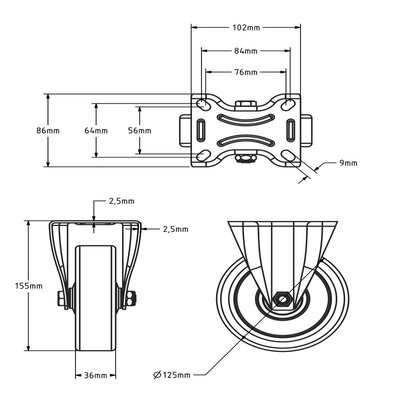 Roulette fixe en PU 125 mm - roulement à billes - 200 kg