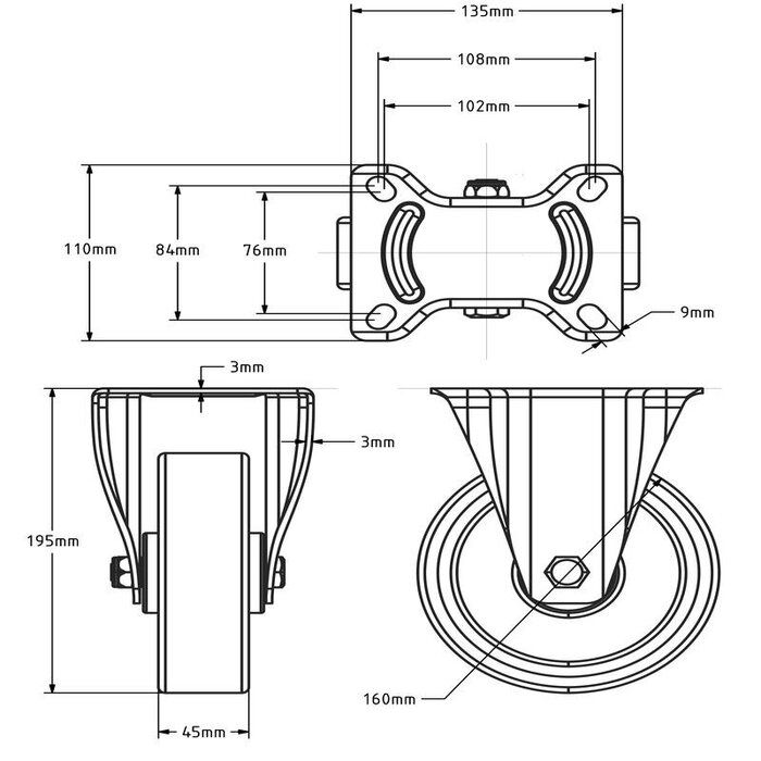 PU fastmonteret hjul 160 mm - 300 kg