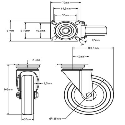 Svingbart hjul i rustfritt stål 125 mm - Gummi - 100 kg