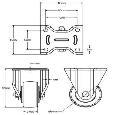 Fast hjul i nylon 80 mm - kulelager - 600 kg