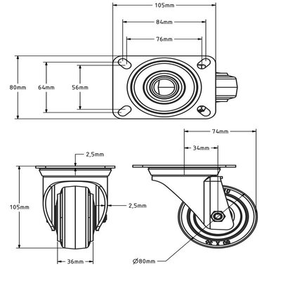 Rueda giratoria de goma para flight case de 80 mm - 110 kg