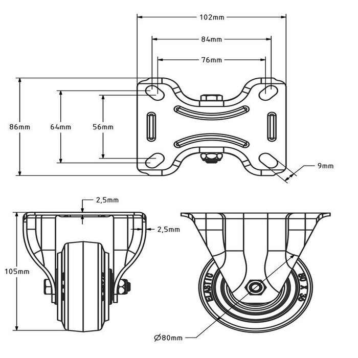 Rodízio fixo de borracha 80 mm - rolamento de rolos - 110 kg