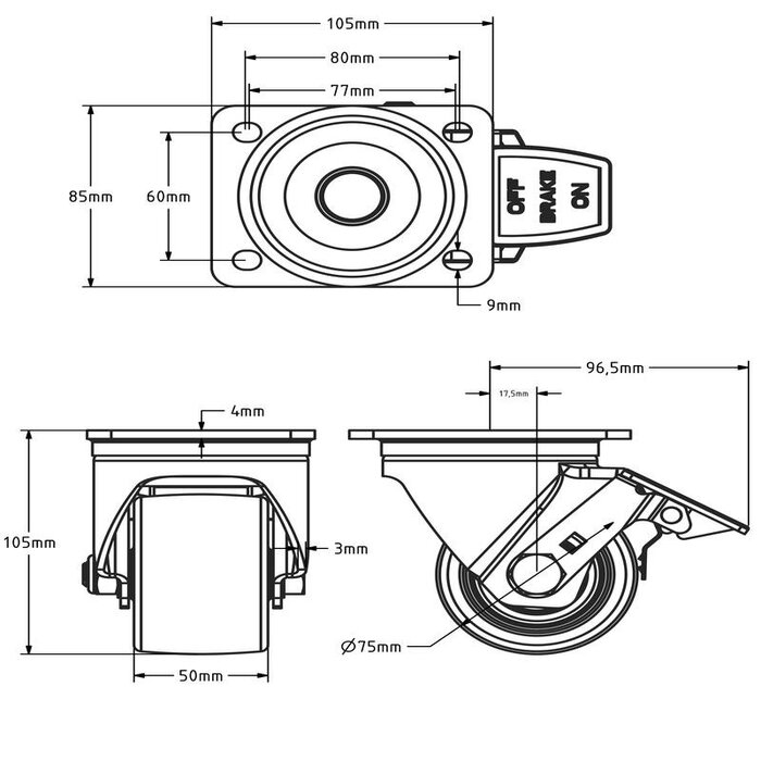 Roda giratória de nylon com travão 75 mm - 600 kg