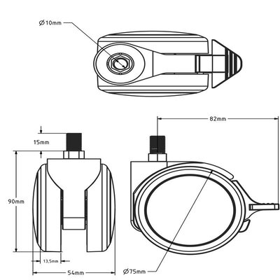 Roda para móveis preta com travão 75 mm - M10 - 75 kg