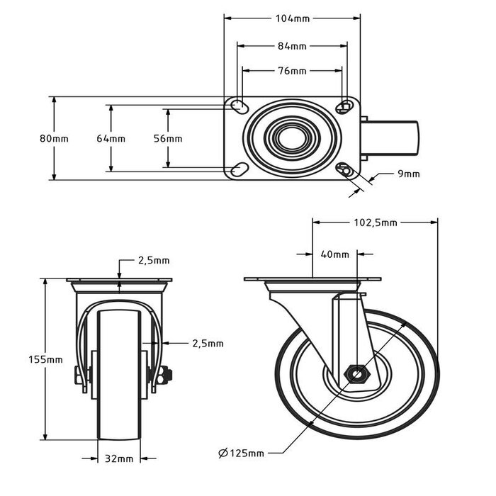 Roulette pivotante en PU 125 mm - roulement à rouleaux - 200 kg