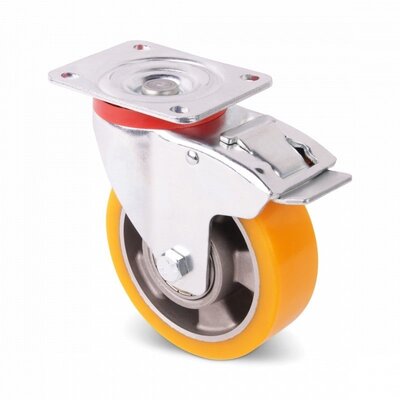 Roda giratória em PU com travão 100 mm - rolamento de esferas - 300 kg