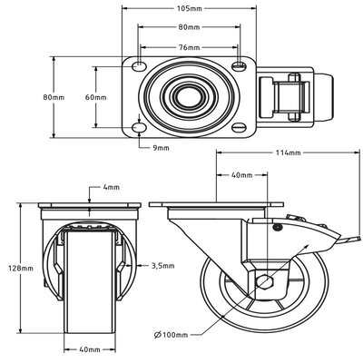 Roda giratória em PU com travão 100 mm - rolamento de esferas - 300 kg