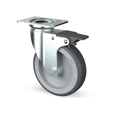 Rodízio giratório em aço inox com travão 75 mm - Borracha - 60 kg