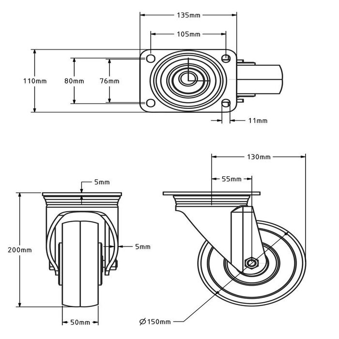 Tungt svängbart länkhjul i nylon 150 mm - 900 kg