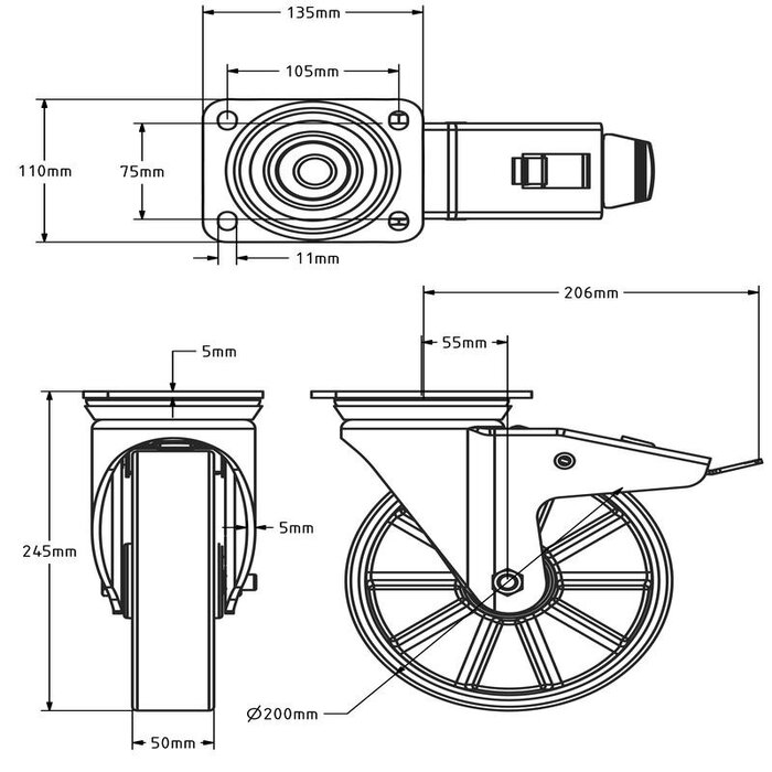 Roda giratória em PU com travão 200 mm - rolamento de esferas - 900 kg