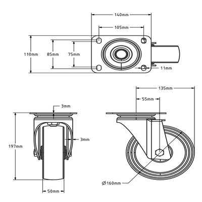 Rodízio giratório em aço inoxidável resistente ao calor 160 x 50 mm - 250 kg