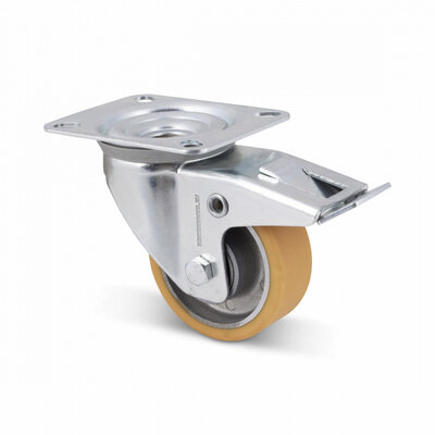 Roda giratória em PU com travão 80 mm - rolamento de esferas - 150 kg
