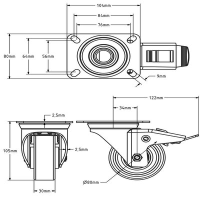 Roda giratória em PU com travão 80 mm - rolamento de esferas - 150 kg