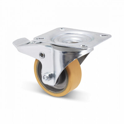Roda giratória em PU com travão 80 mm - rolamento de esferas - 150 kg