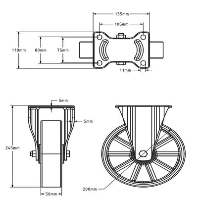 PU länkhjul 200 mm - kullager - 900 kg