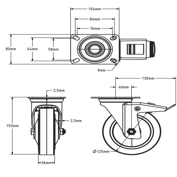 Flightcase - Gummihjul med bremse 125 mm - 220 kg