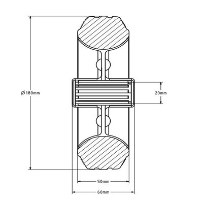Roda de borracha 180 mm - rolamento de rolos furo 20 mm - 205 kg
