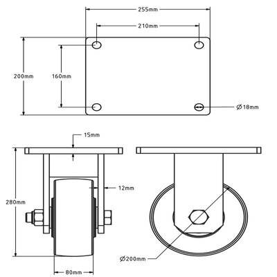 Fast hjul i støpt nylon 200 mm - 4500 kg