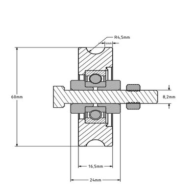 Roda ranhurada 60 mm com ranhura em U - 100 kg
