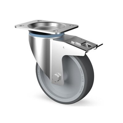 Rueda giratoria de acero inoxidable con freno de 200 mm - Goma - 200 kg
