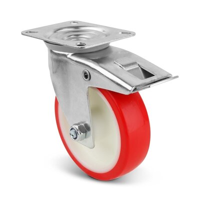 Roda giratória em PU com travão 100 mm - rolamento de rolos - 150 kg