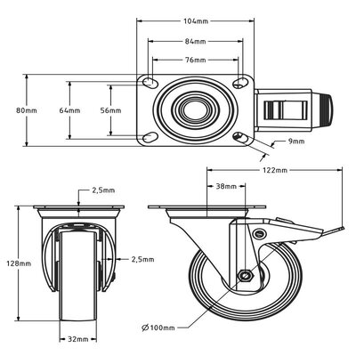 Roda giratória em PU com travão 100 mm - rolamento de rolos - 150 kg