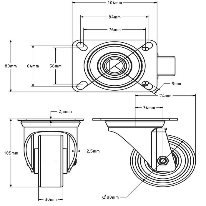 Rodízio giratório PU 80 mm - rolamento de esferas - 150 kg