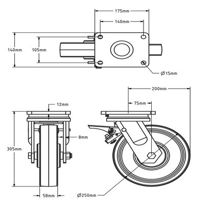 Roda giratória de nylon resistente com travão 250 mm - rolamento de esferas - 1700 kg