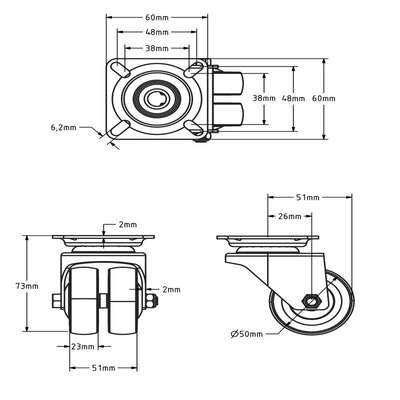Dobbelt sort drejehjul 50 mm - plade - 80 kg