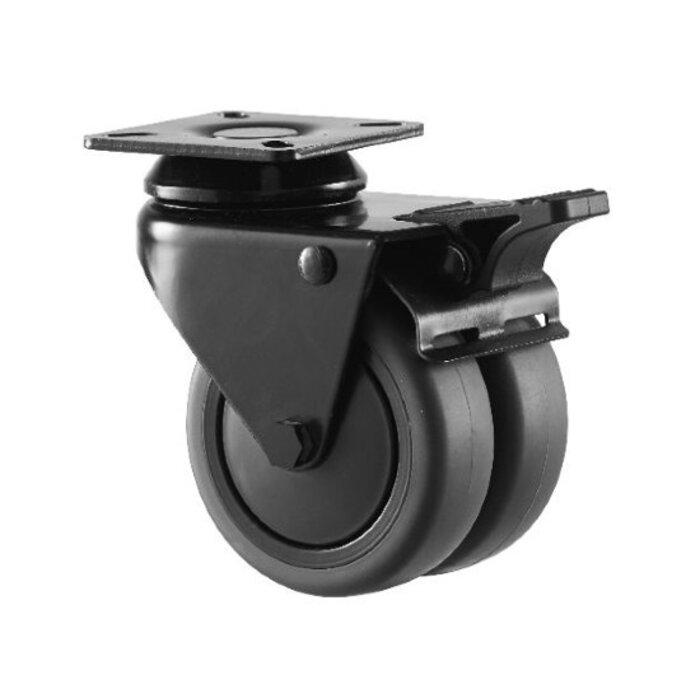 Roda giratória dupla preta com travão 75 mm - placa - 100 kg