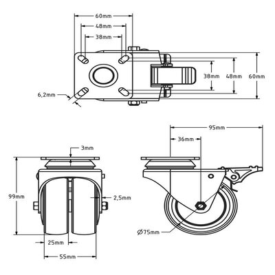 Roda giratória dupla preta com travão 75 mm - placa - 100 kg