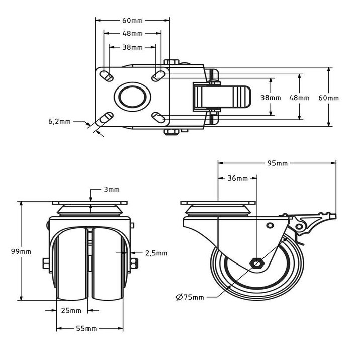 Double black swivel castor with brake 75 mm - plate - 100 kg