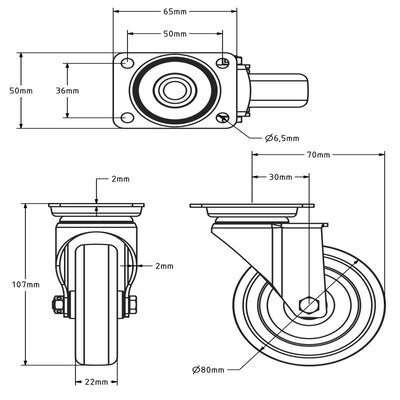 Rueda giratoria de acero inoxidable de 80 mm - Caucho - 60 kg