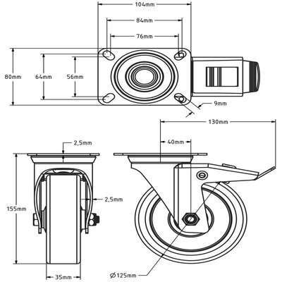 Rodízio de borracha com travão 125 mm - rolamento de esferas - 100 kg