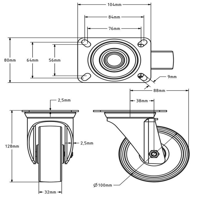 Rodízio giratório PU 100 mm - rolamento de rolos - 150 kg
