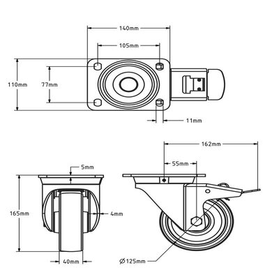 Svingbart hjul i rustfritt stål med brems 125 mm - Nylon - 700 kg