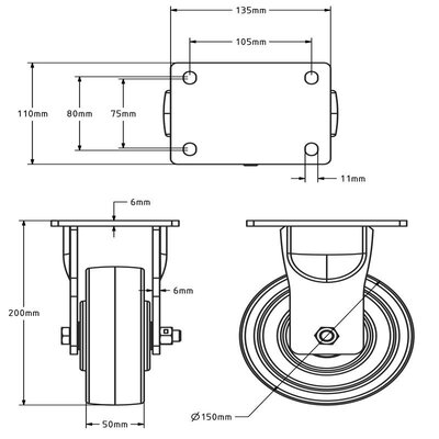 Roda fixa de nylon resistente 150 mm - rolamento de esferas - 800 kg