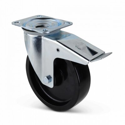 Black polyurethane swivel castor with brake 200 mm - 400 kg