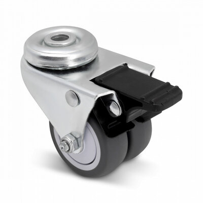 Rodízio duplo giratório com travão 50 mm - rolamento de esferas - furo para parafuso - 80 kg
