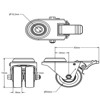 Dobbelt svingbart hjul med brems 50 mm - kulelager - bolthull - 80 kg