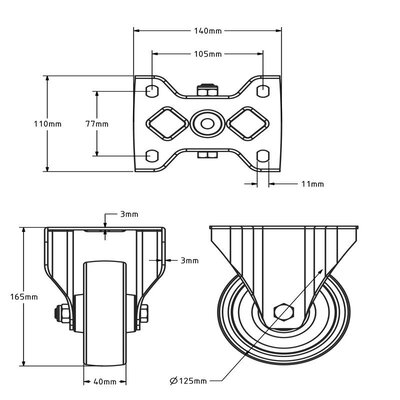 Fastmontert hjul i rustfritt stål 125 mm - Nylon - 700 kg