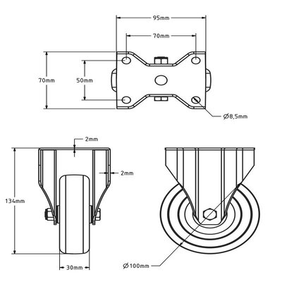 Roue fixe en acier inoxydable 100 mm - Caoutchouc - 80 kg