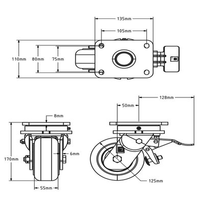 Rodízio giratório de nylon fundido com travão 125 mm - 2000 kg
