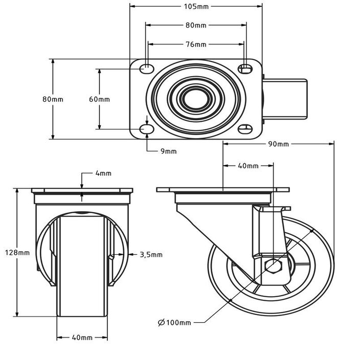 Roulette pivotante en PU 100 mm - roulement à billes - 300 kg