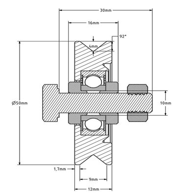 Roda ranhurada 50 mm com ranhura em V - 70 kg