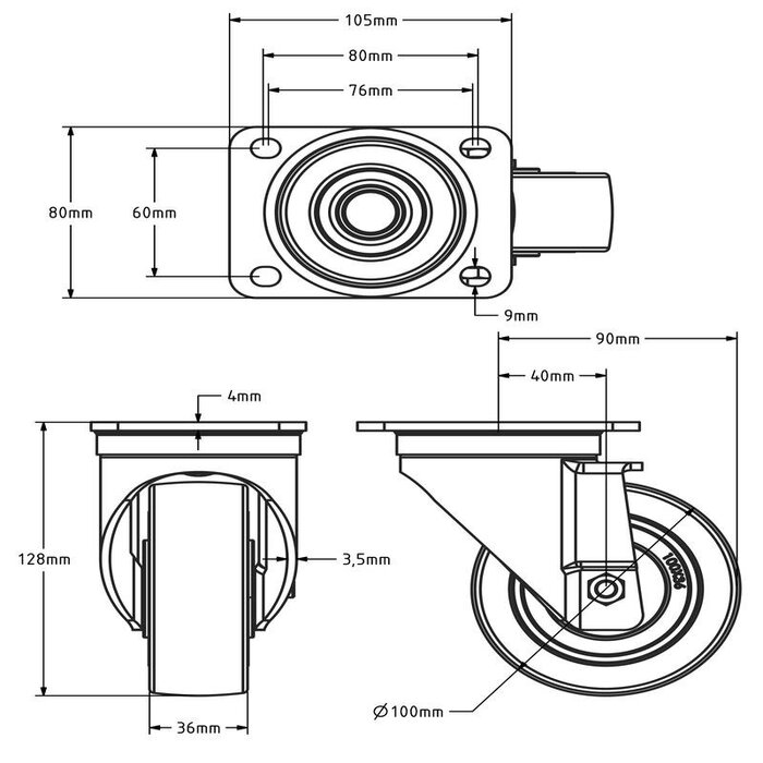 Rueda giratoria de goma de 100 mm - cojinete de bolas - 150 kg