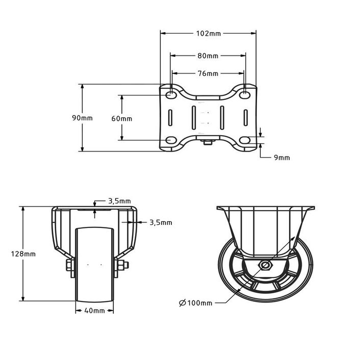 Rueda fija de nailon de 100 mm - cojinete de bolas - 300 kg