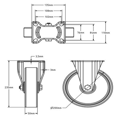 Black polyurethane fixed castor 200 mm - 400 kg