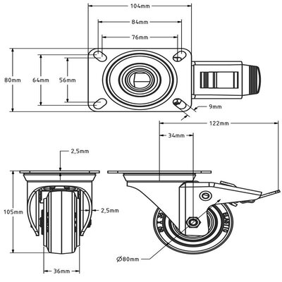 Roulette pivotante en caoutchouc avec frein 80 mm - roulement à rouleaux - 110 kg