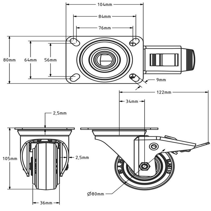 Rubber swivel castor with brake 80 mm - roller bearing - 110 kg
